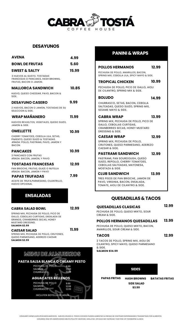 Menú de Cabra Tostá con desayunos, paninis, wraps, ensaladas y tacos