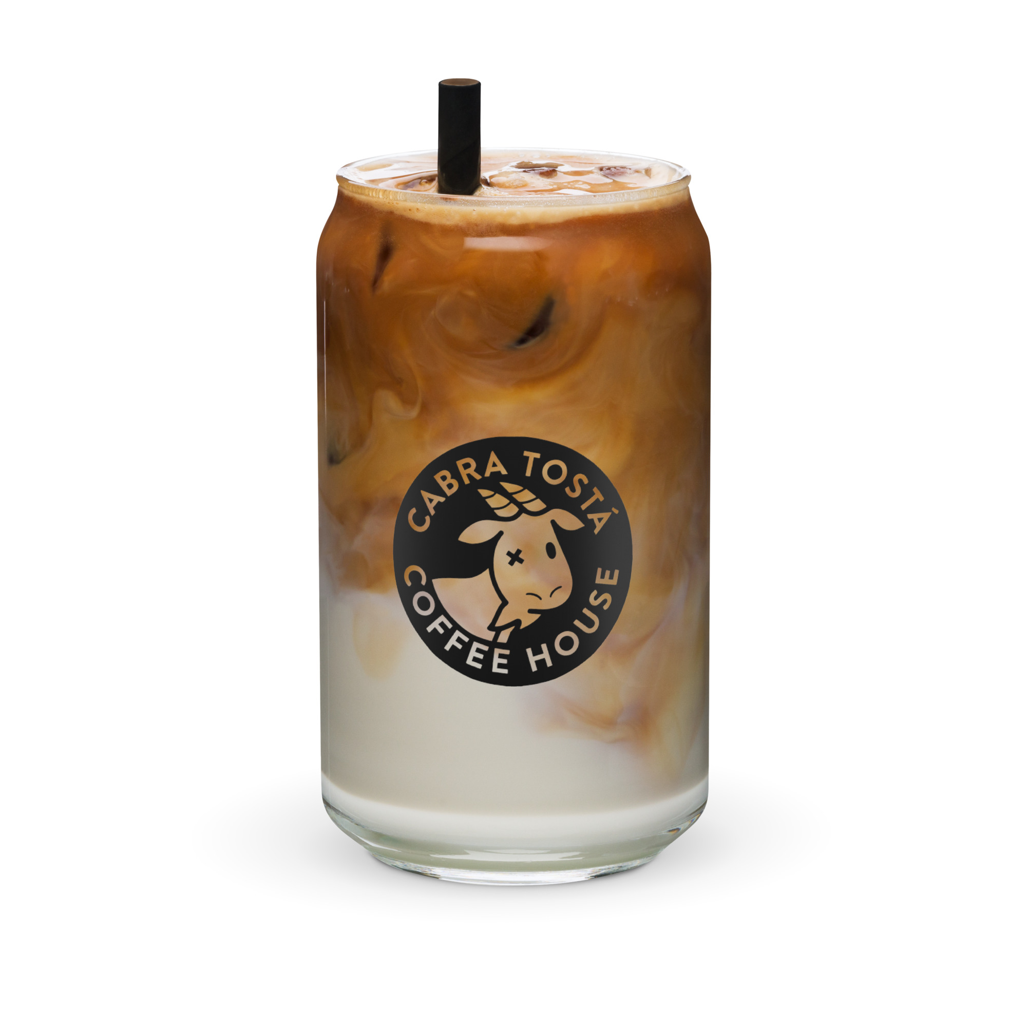 Vaso de cristal tipo lata Cabra Tostá 16 oz vista frontal