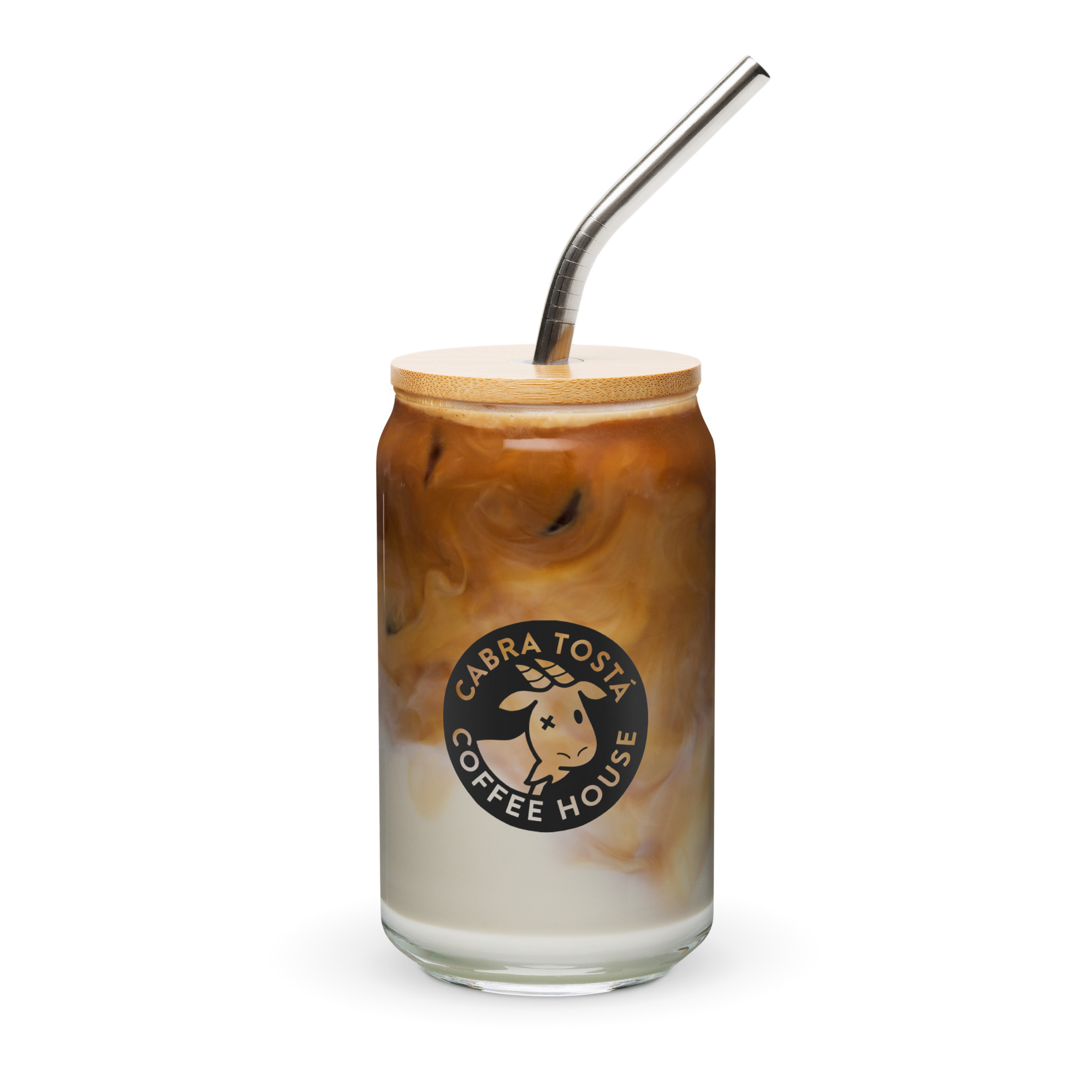 Vaso de cristal tipo lata Cabra Tostá de 16 oz con tapa y sorbete